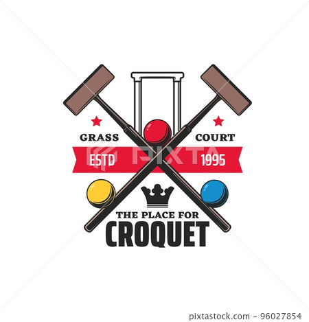 Croquet sport icon. Sport game competition match retro emblem or symbol. Croquet team or league club tournament, contest vector vintage icon or sticker with crossed mallets, wicket gate and balls Croquet sport icon. Sport game competition match retro emblem or symbol. Croquet team or league club tournament, contest vector vintage icon or sticker with crossed mallets, wicket gate and balls 96027854