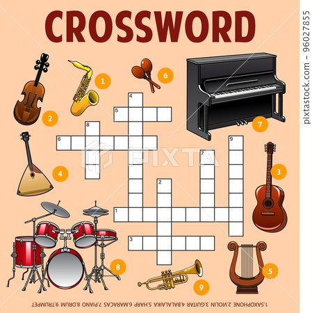 Musical instruments. Crossword puzzle worksheet. Word quiz, crossword puzzle, vocabulary vector riddle with violin, saxophone and balalaika, drum, trumpet, lyre and guitar, piano, maraca instruments 96027855