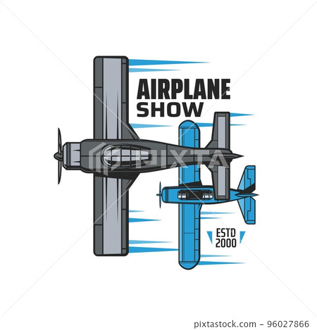 Airplane show icon with vintage propeller planes. Airshow event, aviation history exhibition vector emblem or icon with vintage propeller monoplanes, old military fighters or bombers planes Airplane show icon with vintage propeller planes. Airshow event, aviation history exhibition vector emblem or icon with vintage propeller monoplanes, old military fighters or bombers planes 96027866