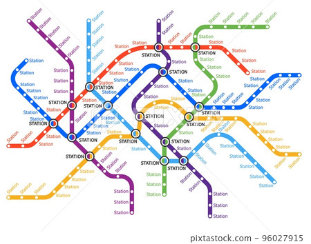Metro, underground, subway transport map. Metropolis metro system, city subway lines vector plan. Urban transport, railroad network or passenger transportation routes, bus or tram stations scheme 96027915
