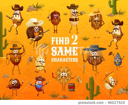 Wild west. Find two same cartoon cowboy, bandit and ranger nut characters. Quiz game vector worksheet with cashew and coconut, walnut, hazelnut and brazilian nut, pecan and almond, peanut cowboys Wild west. Find two same cartoon cowboy, bandit and ranger nut characters. Quiz game vector worksheet with cashew and coconut, walnut, hazelnut and brazilian nut, pecan and almond, peanut cowboys 96027920