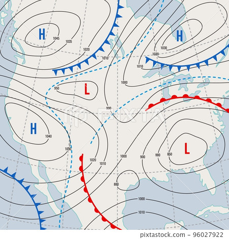 Forecast weather isobar USA map. Meteorology wind front and temperature diagram. United States of America weather forecast isobar map or vector background with cyclones, atmospheric pressure borders 96027922