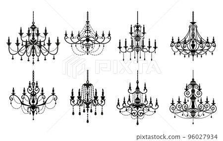 Chandelier silhouettes, home vintage illumination and light equipment. Retro ceiling lamp vector silhouette, antique luster or elegant luxury chandeliers with candles, bulbs and crystal decor 96027934