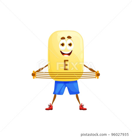 Cartoon vitamin E athlete character with expander. Tocopherol sportsman Isolated vector funny oil capsule personage fitness and sport exercises. Nutrient bubble sportsman training with weight in gym Cartoon vitamin E athlete character with expander. Tocopherol sportsman Isolated vector funny oil capsule personage fitness and sport exercises. Nutrient bubble sportsman training with weight in gym 96027935