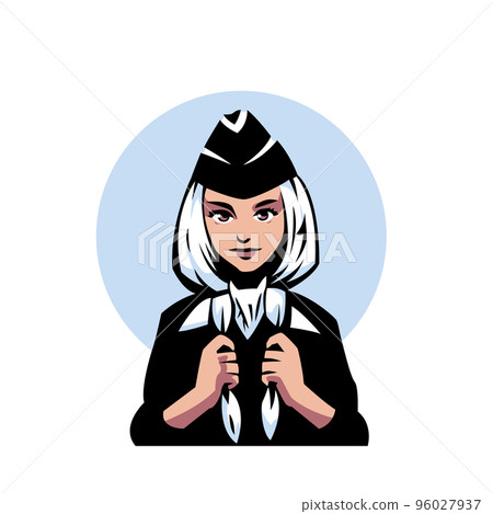 Girl stewardess in a cap holding her hands on a tie Girl stewardess in a cap holding her hands on a tie 96027937
