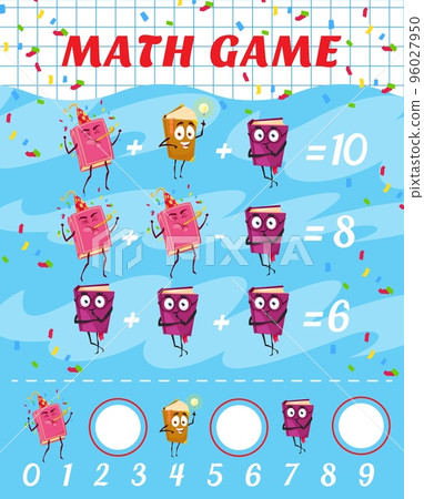 Cartoon bestseller books and textbooks characters, math game worksheet, vector quiz. Kids education math puzzle with school books, copybooks and dictionaries for mathematics addition and subtraction Cartoon bestseller books and textbooks characters, math game worksheet, vector quiz. Kids education math puzzle with school books, copybooks and dictionaries for mathematics addition and subtraction 96027950