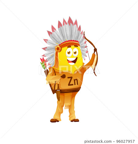 Cartoon zinc or zincum micronutrient indian character. Isolated vector native american wild west Zn vitamin personage with feather tribal headwear and cherokee costume holding a bow 96027957