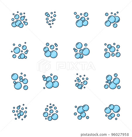 Soap or foam bubble color icons. Bathroom soap suds outline symbols or icon, sea foam fizz line vector signs or pictograms. Soda carbonated drink, effervescent beverage blue bubbles, aquarium oxygen 96027958