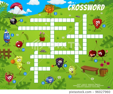 Cartoon berry character on summer party. Crossword grid. Find a word quiz game, educational puzzle vector worksheet with with blackberry, gooseberry and cherry, raspberry, blackcurrant and elderberry 96027960
