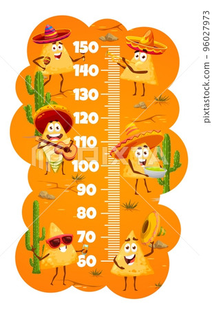 Kids height chart ruler with funny cartoon Mexican nachos chips, vector growth meter. Kids height scale or tall chart with nachos ships in sombrero and poncho with guitar, maracas and guacamole 96027973
