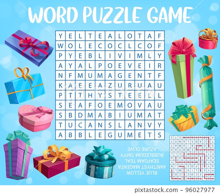 Holiday presents and gifts. Word search puzzle game worksheet, kids quiz grid. Vector crossword brainteaser for children with cartoon boxes with festive bows and latin letters at field word task 96027977