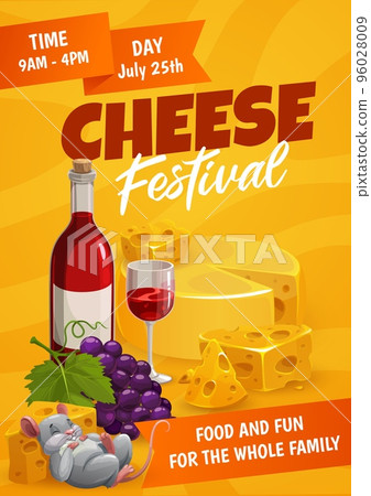 Cheese festival flyer. Camembert hard cheese chunk advertising placard. Gastro event, culinary festival invitation vector poster with Emmental or Maasdam wheel, wine, grape and cute mouse character 96028009
