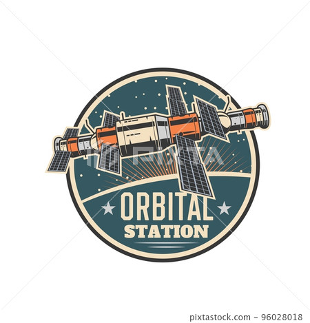 Cosmodrome icon, orbital station spaceship in outer space, galaxy research satellite, vector symbol. Lunar mission and planets discovery spaceflight, galaxy exploration on Moon or Mars orbit 96028018