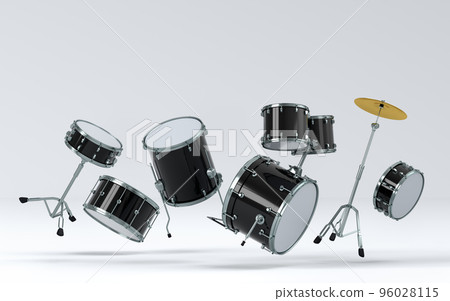 Set of drums and drumset with metal cymbals on white background 96028115