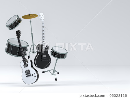 Set of electric acoustic guitars and drums with cymbals on white background Set of electric acoustic guitars and drums with cymbals on white background 96028116