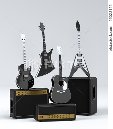 Set of electric acoustic guitars and amplifiers on white background Set of electric acoustic guitars and amplifiers on white background 96028123