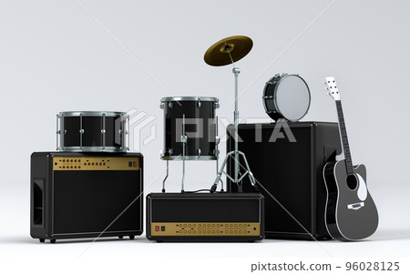 Set of electric acoustic guitar, amplifiers and drums with metal cymbal on white 96028125
