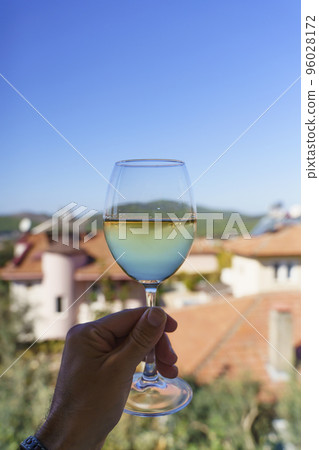 Wine drink in a glass in hand. White fresh wine in a transparent glass against the backdrop of the nature of the village in the summer on a sunny day. Drink, good mood, alcohol concept. Wine drink in a glass in hand. White fresh wine in a transparent glass against the backdrop of the nature of the village in the summer on a sunny day. Drink, good mood, alcohol concept. 96028172