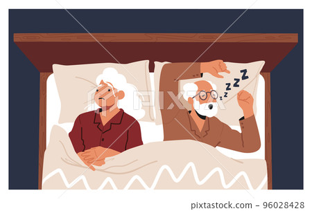 Senior Woman Suffering Of Husband Snoring. Old Male Character Snore At Night Sleep. Breathing Apnea Disease Senior Woman Suffering Of Husband Snoring. Old Male Character Snore At Night Sleep. Breathing Apnea Disease 96028428