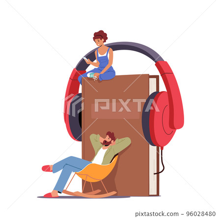 Relaxed Man And Woman Sitting Huge Book With Headphones Listening Online Stories. Online Library, E-book Relaxed Man And Woman Sitting Huge Book With Headphones Listening Online Stories. Online Library, E-book 96028480