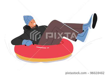 Winter Extreme Sport Activities Concept. Young Man Sliding Down Slope on Snow Tubing Character Riding Downhill On Sleigh Winter Extreme Sport Activities Concept. Young Man Sliding Down Slope on Snow Tubing Character Riding Downhill On Sleigh 96028482