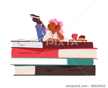 Girl In Headphones Lying On Huge Pile Of Books Listen Online Courses Or Stories. Woman Student Character Use App Girl In Headphones Lying On Huge Pile Of Books Listen Online Courses Or Stories. Woman Student Character Use App 96028483