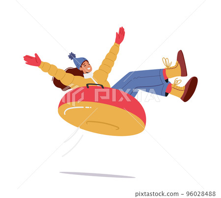 Young Cheerful Girl Sliding on Snow Tubing Having Fun On Winter Holidays. Happy Female Character Riding Tube Downhill Young Cheerful Girl Sliding on Snow Tubing Having Fun On Winter Holidays. Happy Female Character Riding Tube Downhill 96028488