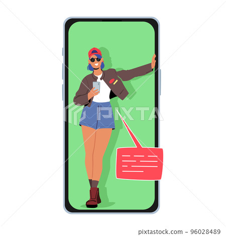 Young Woman Chatting and Messaging in Social Network. Trendy Student Girl Character Texting Sms or Call on Mobile Young Woman Chatting and Messaging in Social Network. Trendy Student Girl Character Texting Sms or Call on Mobile 96028489