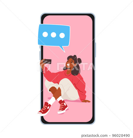 Fashionable Girl Teenager Making Selfie and Chat by Smartphone. Young Woman Character Posing and Photographing on Mobile Fashionable Girl Teenager Making Selfie and Chat by Smartphone. Young Woman Character Posing and Photographing on Mobile 96028490