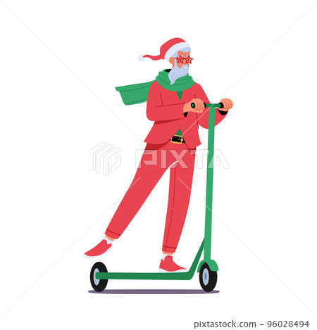 Santa Claus Christmas Character Riding Electric Scooter. Cool Trendy Father Noel in Stylish Red Festive Suit and Hat 96028494