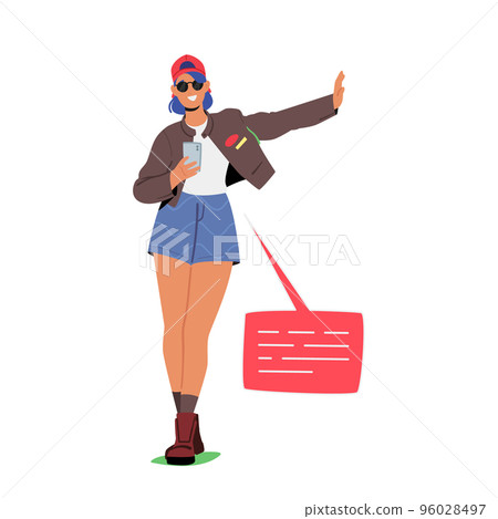 Trendy Student Girl Character Texting Sms or Call on Mobile Phone. Young Woman Chatting and Messaging in Social Network 96028497