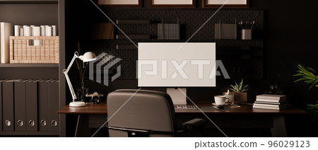 Modern dark loft homer workspace interior design with computer mockup on dark wood table Modern dark loft homer workspace interior design with computer mockup on dark wood table 96029123