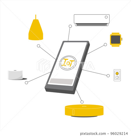 Internet of things. Wireless control from your smartphone smart light, smart sockets, speaker and robot vacuum cleaner. Vector illustration. 96029214