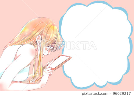 A woman lying face down happily touching her smartphone Summer speech bubble A woman lying face down happily touching her smartphone Summer speech bubble 96029217
