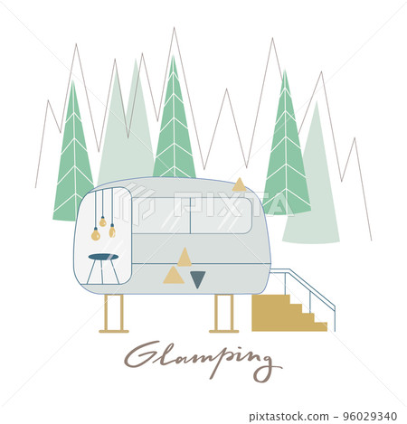 Glamping trailer, caravan around pine forest for outdoor relax. Cute vector illustration for web. 96029340