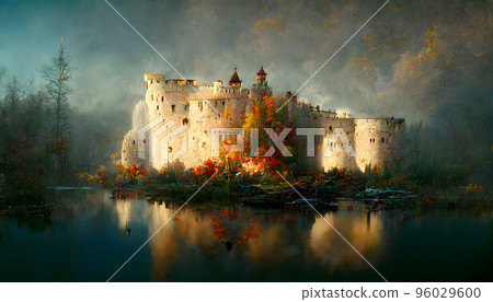 fantastic white castle on lake at autumnal cloudy morning, neural network generated art 96029600