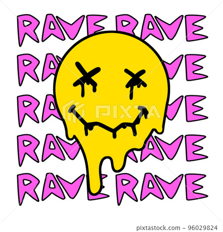 Yellow smile face on background of rave text. Poster for 90s techno party. 96029824