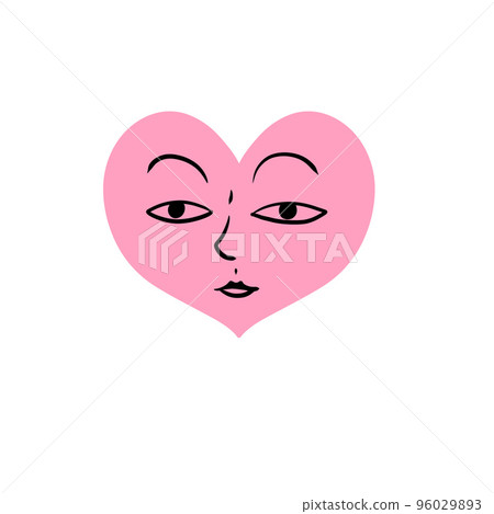 Hand-drawn heart. Pink symbol of romance with face and eyes. 96029893