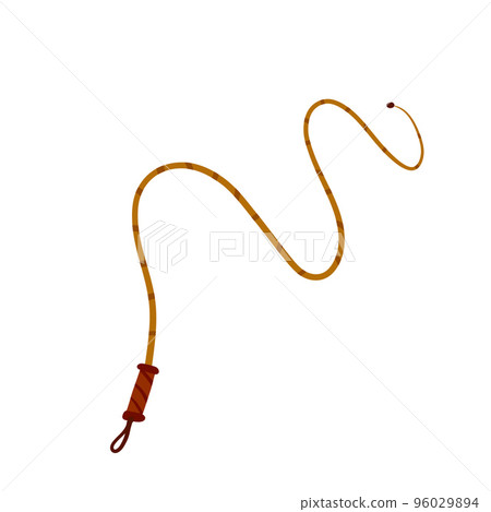 Whip for training an animal. Long cord. Horsewhip of Wild West. Flat cartoon. Concept of slavery, submission and domination 96029894