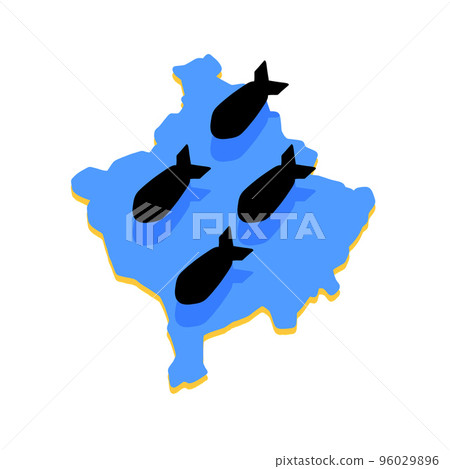 Bombing of Kosovo. War in former Yugoslavia and Serbia. Military operation and warfare. Bomb and flying rocket. 96029896