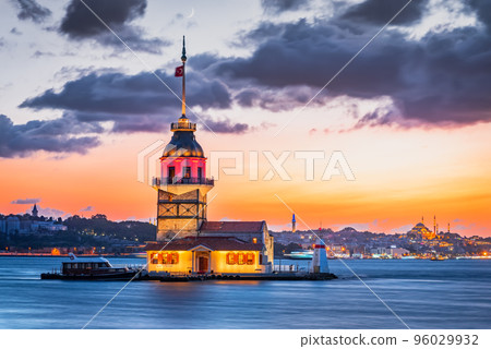 Istanbul, Turkey - Beautiful sunset over Bosphorus, Maiden Tower. 96029932