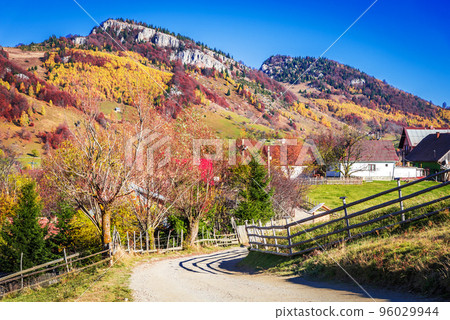 Carpathians, Romania. Autumn mountain landscape with october colors, Magura village. Carpathians, Romania. Autumn mountain landscape with october colors, Magura village. 96029944