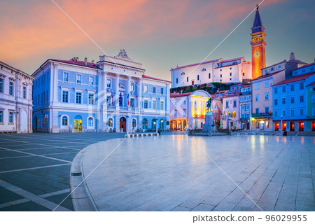 Piran, Slovenia - Tartini Square morning lights Piran, Slovenia - Tartini Square morning lights 96029955