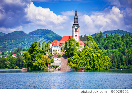 Bled, Slovenia. Famous church on the Lake Bled. Bled, Slovenia. Famous church on the Lake Bled. 96029961