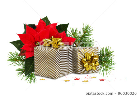 Two wrapped in festive paper gift boxes with green christmas twigs and red poinsettia flower on white background 96030026