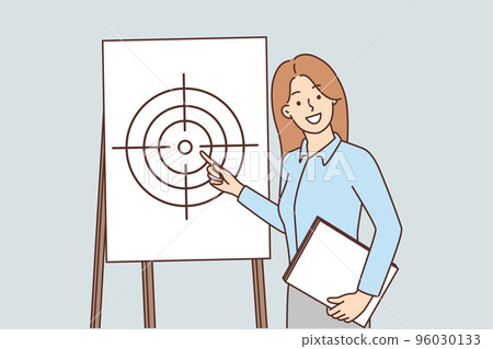 Young businesswoman point at target on flipchart  96030133
