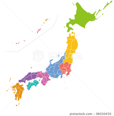 Map of Japan colored by regions, colorful - Stock Illustration