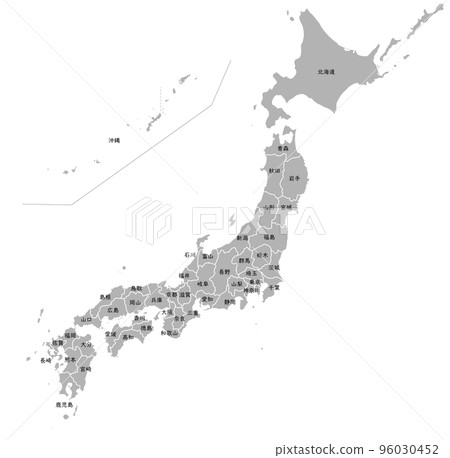 Map of Japan with prefectural borders, monochrome, with prefectural names 96030452