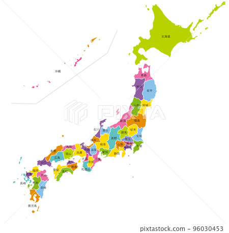 Colorful map of Japan with prefecture names Colorful map of Japan with prefecture names 96030453