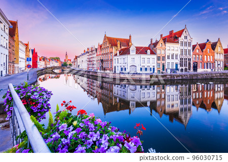 Bruges, Belgium. Flanders famous city with sunrise over Spiegelrei Canal. 96030715